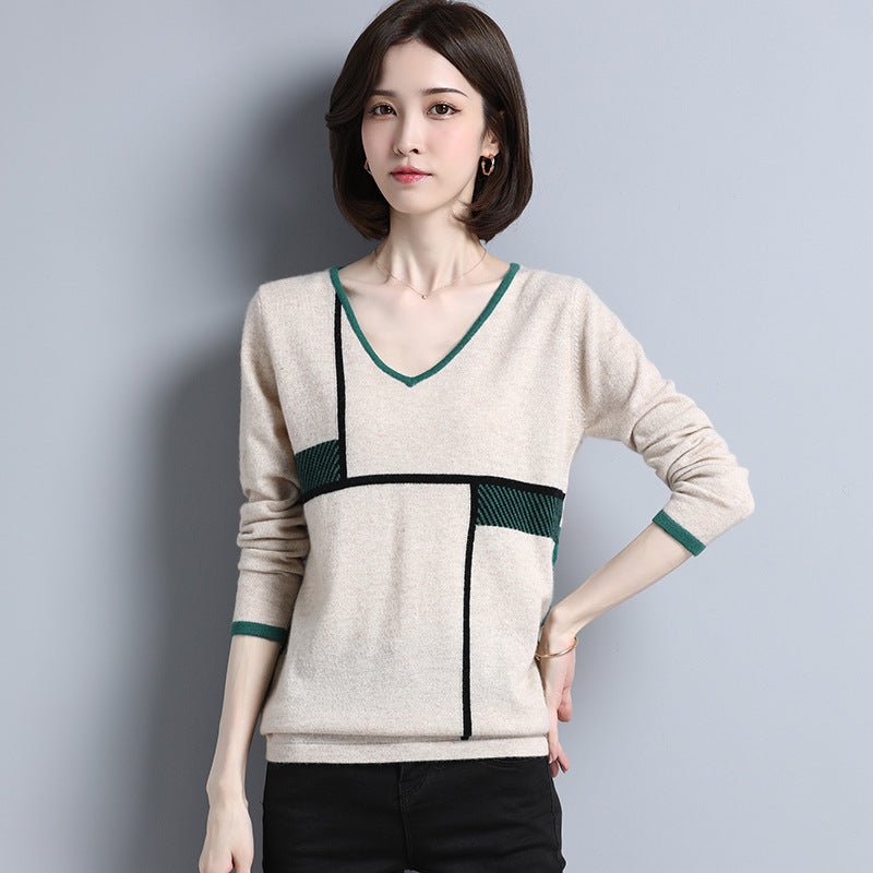 Womens Geometric Pattern V - Neck Long Sleeve Cashmere Sweater Ivory XS