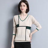 Womens Geometric Pattern V - Neck Long Sleeve Cashmere Sweater Ivory XS