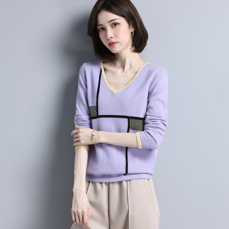 Womens Geometric Pattern V - Neck Long Sleeve Cashmere Sweater Purple XS