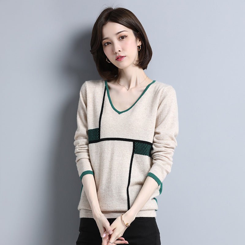 Womens Geometric Pattern V - Neck Long Sleeve Cashmere Sweater Ivory XS