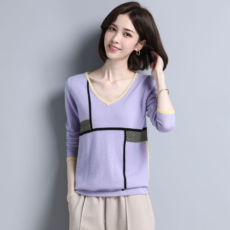 Womens Geometric Pattern V - Neck Long Sleeve Cashmere Sweater Purple XS