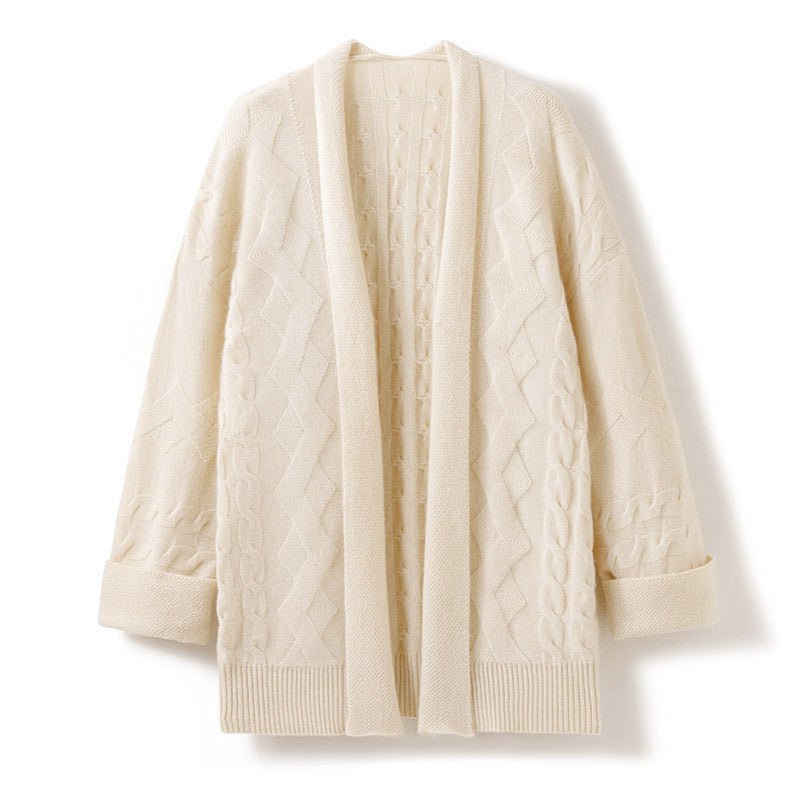 Womens Cozy Cable - Knit Open - Front Cashmere Cardigan Long Cashmere Coat Beige One size fits most