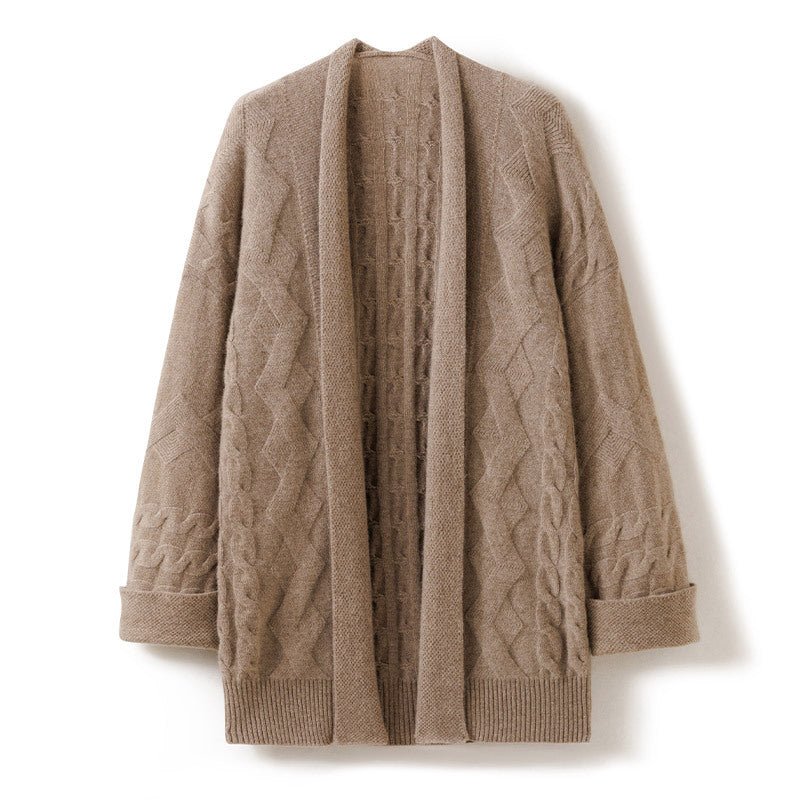Womens Cozy Cable - Knit Open - Front Cashmere Cardigan Long Cashmere Coat Taupe One size fits most