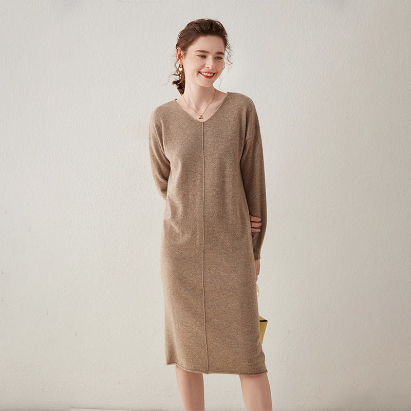 Womens Cashmere Knit Midi Dress Long Sleeve V Neck Straight - cut Dress Taupe XS