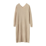 Womens Cashmere Knit Midi Dress Long Sleeve V Neck Straight - cut Dress Beige XS