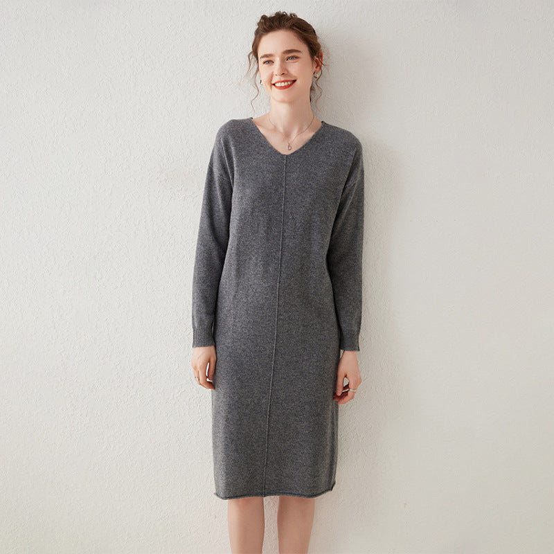 Womens Cashmere Knit Midi Dress Long Sleeve V Neck Straight - cut Dress Gray XS