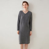 Womens Cashmere Knit Midi Dress Long Sleeve V Neck Straight - cut Dress Gray XS