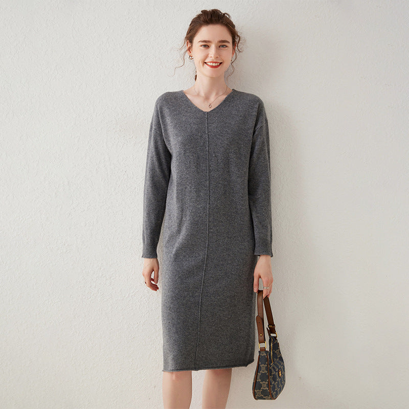 Womens Cashmere Knit Midi Dress Long Sleeve V Neck Straight - cut Dress Gray XS