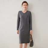 Womens Cashmere Knit Midi Dress Long Sleeve V Neck Straight - cut Dress Gray XS