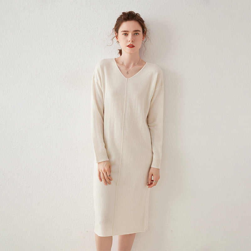 Womens Cashmere Knit Midi Dress Long Sleeve V Neck Straight - cut Dress Ivory XS