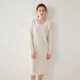 Womens Cashmere Knit Midi Dress Long Sleeve V Neck Straight - cut Dress Ivory XS