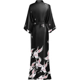 Womens Long Crane Prints Pure Silk Kimono Robes Black One size fits most