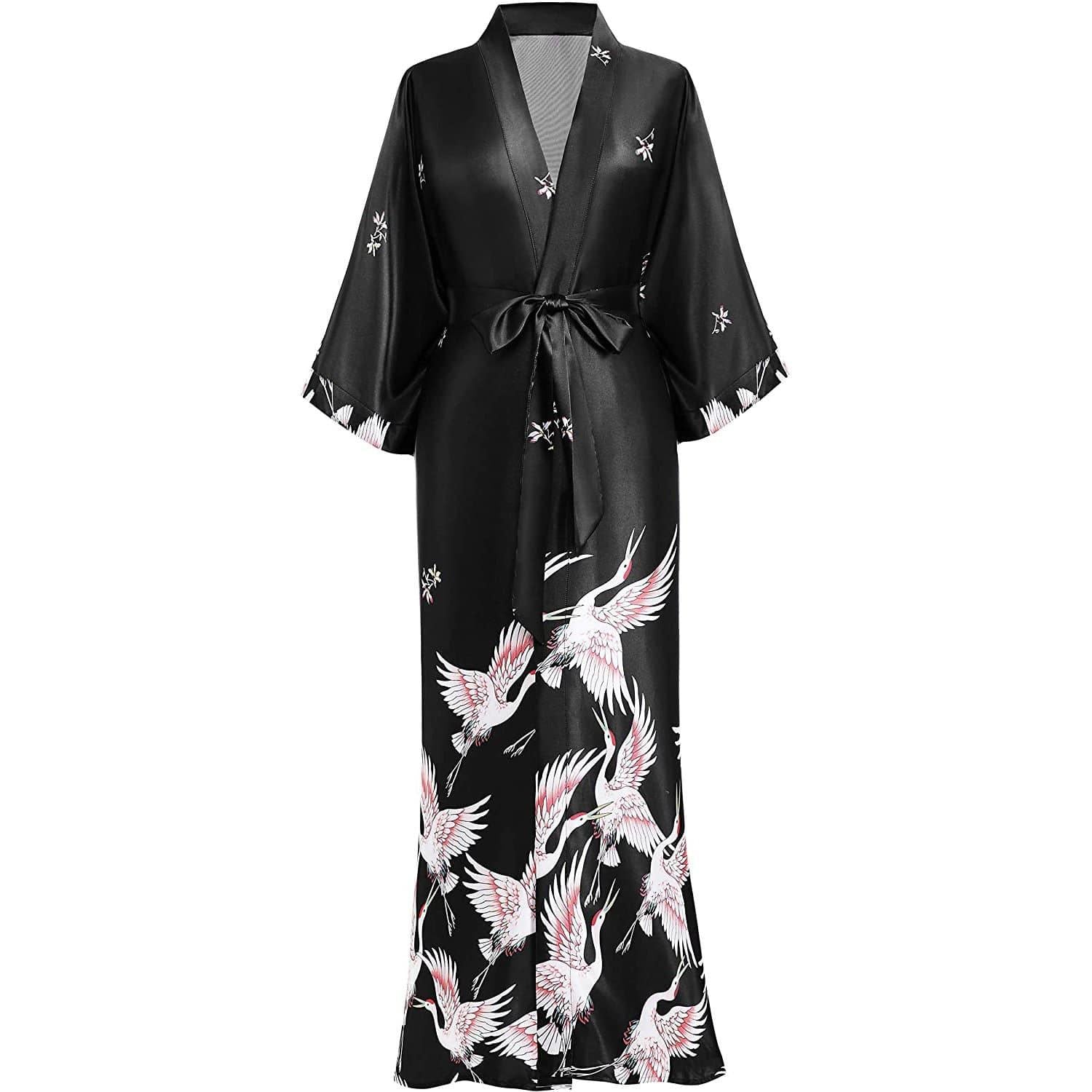 Womens Long Crane Prints Pure Silk Kimono Robes Black One size fits most
