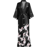 Womens Long Crane Prints Pure Silk Kimono Robes Black One size fits most