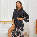 Womens Long Crane Prints Pure Silk Kimono Robes Red One size fits most