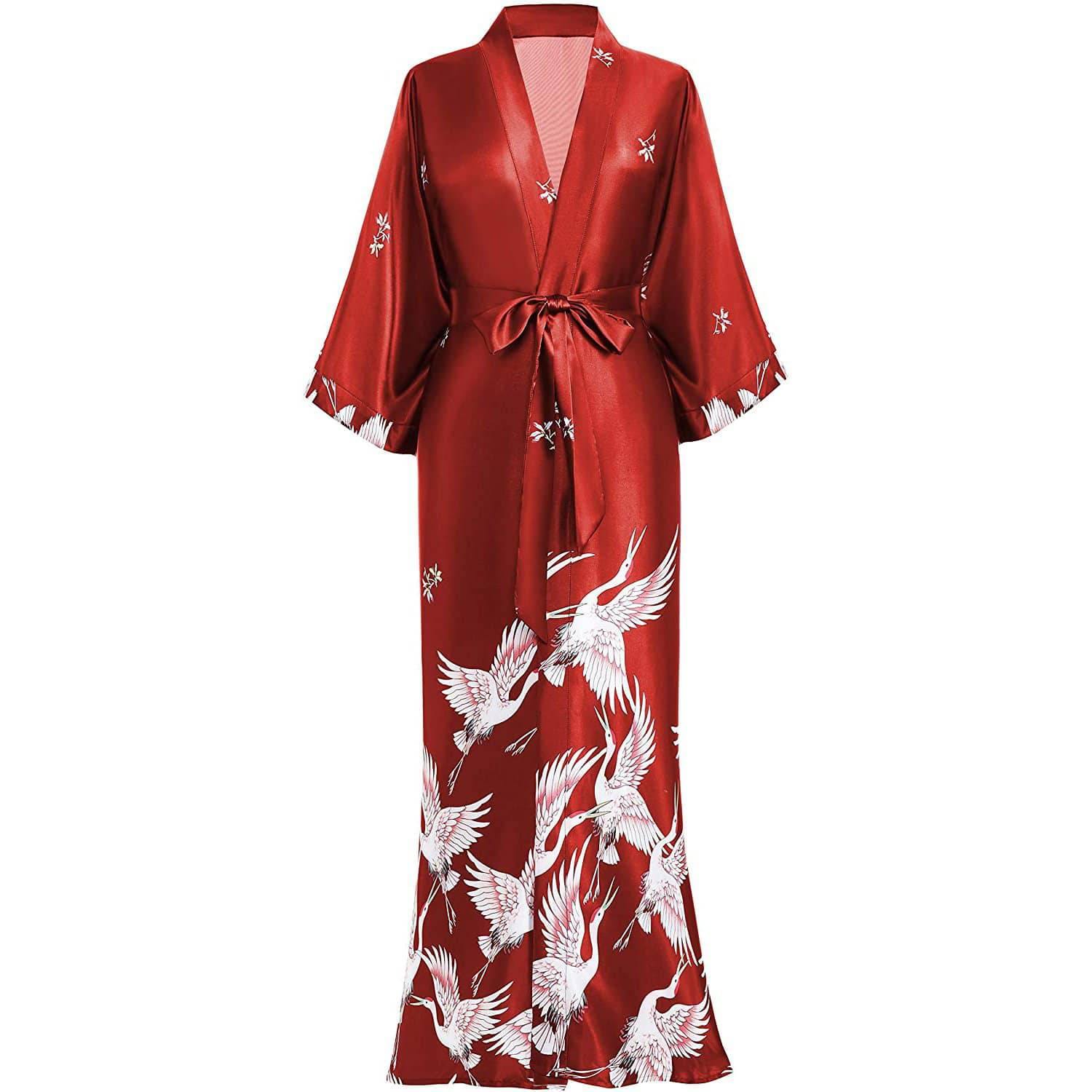Womens Long Crane Prints Pure Silk Kimono Robes Red One size fits most
