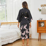Womens Long Crane Prints Pure Silk Kimono Robes Red One size fits most