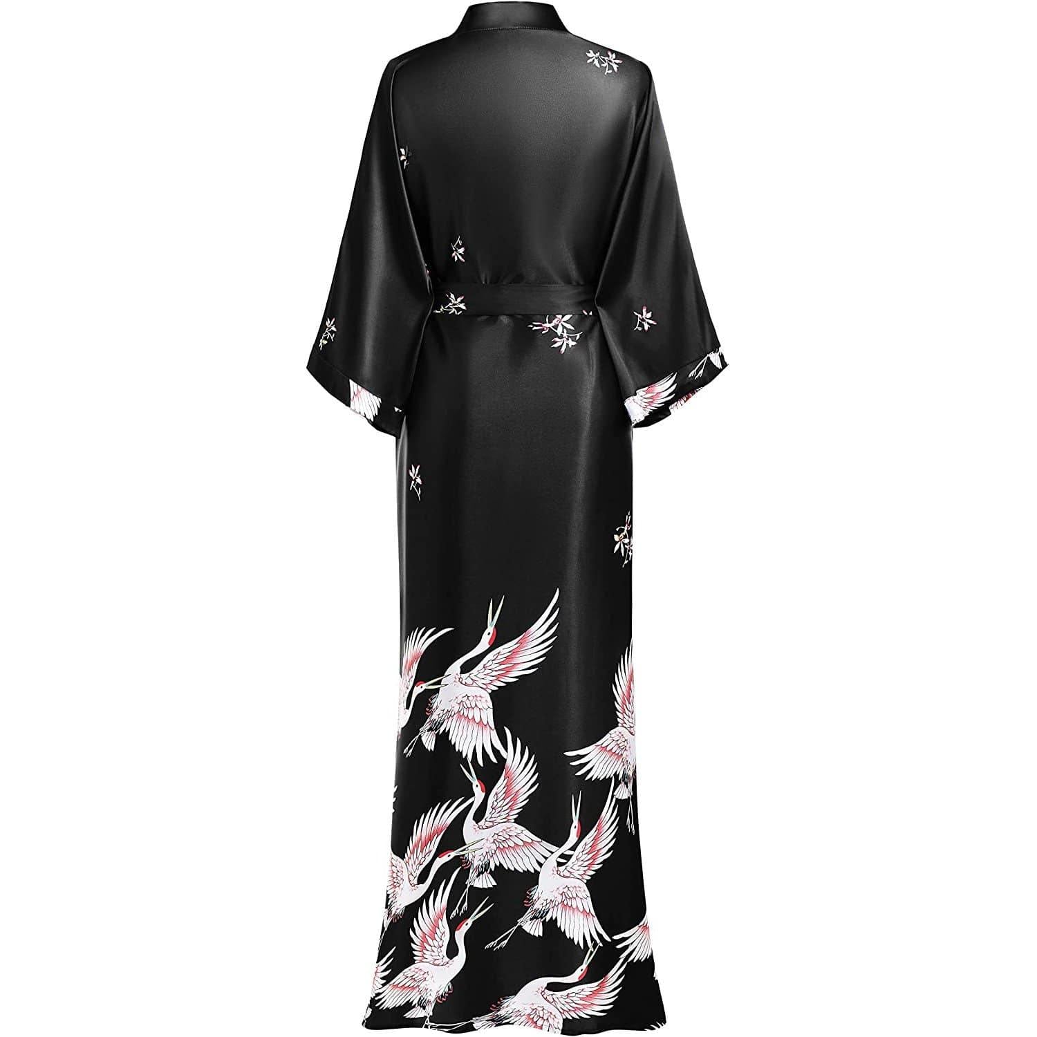 Womens Silk Kimono Crane Print Long Silk Robe Kimono Silk Black One size fits most