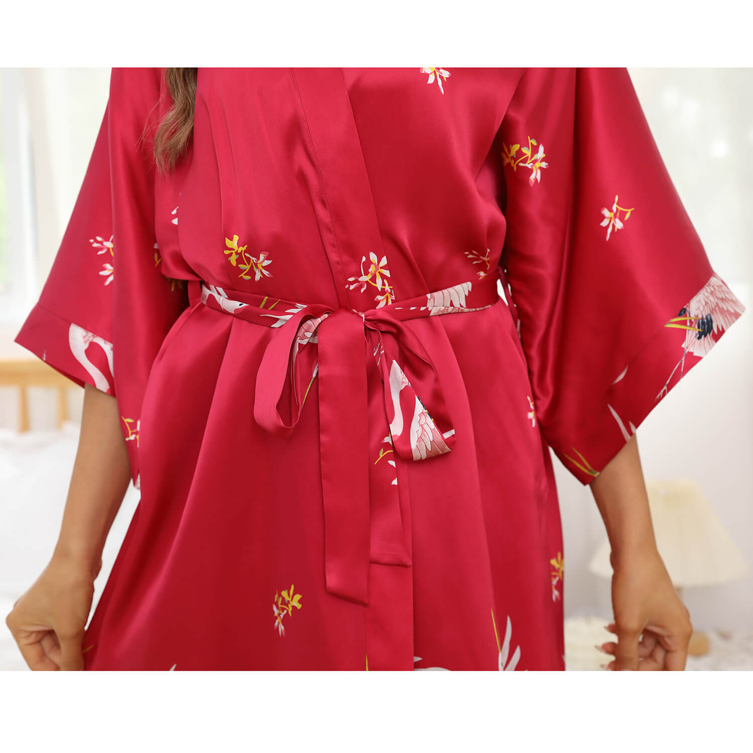 Womens Silk Kimono Crane Print Long Silk Robe Kimono Silk Black One size fits most