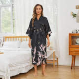 Womens Silk Kimono Crane Print Long Silk Robe Kimono Silk Black One size fits most