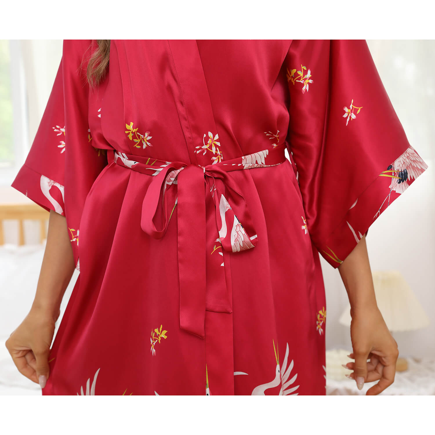 Womens Silk Kimono Crane Print Long Silk Robe Kimono Silk Black One size fits most