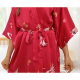 Womens Silk Kimono Crane Print Long Silk Robe Kimono Silk Black One size fits most