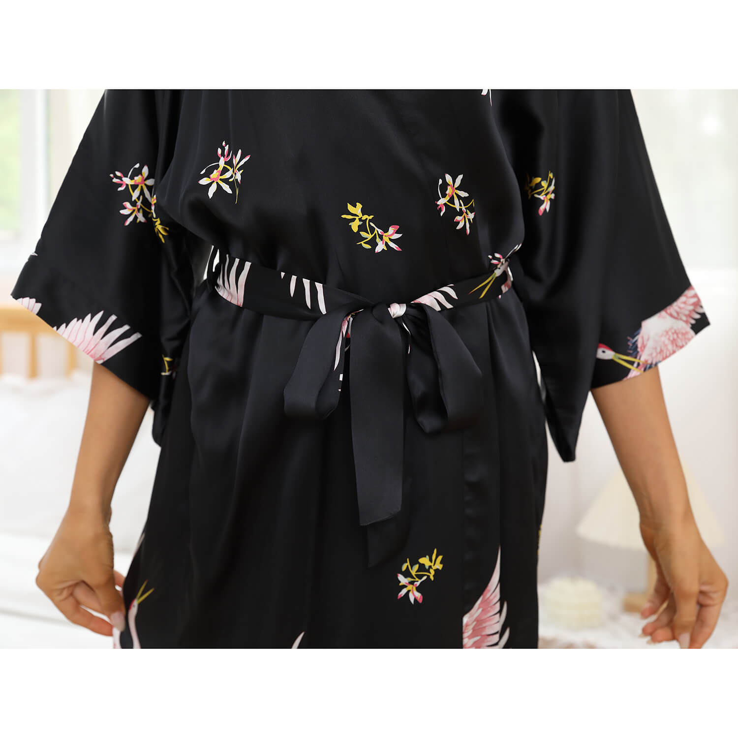 Womens Silk Kimono Crane Print Long Silk Robe Kimono Silk Black One size fits most