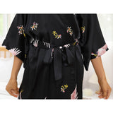 Womens Silk Kimono Crane Print Long Silk Robe Kimono Silk Black One size fits most
