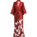 Womens Silk Kimono Crane Print Long Silk Robe Kimono Silk Red One size fits most