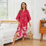 Womens Silk Kimono Crane Print Long Silk Robe Kimono Silk Red One size fits most