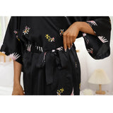 Womens Silk Kimono Crane Print Long Silk Robe Kimono Silk Black One size fits most