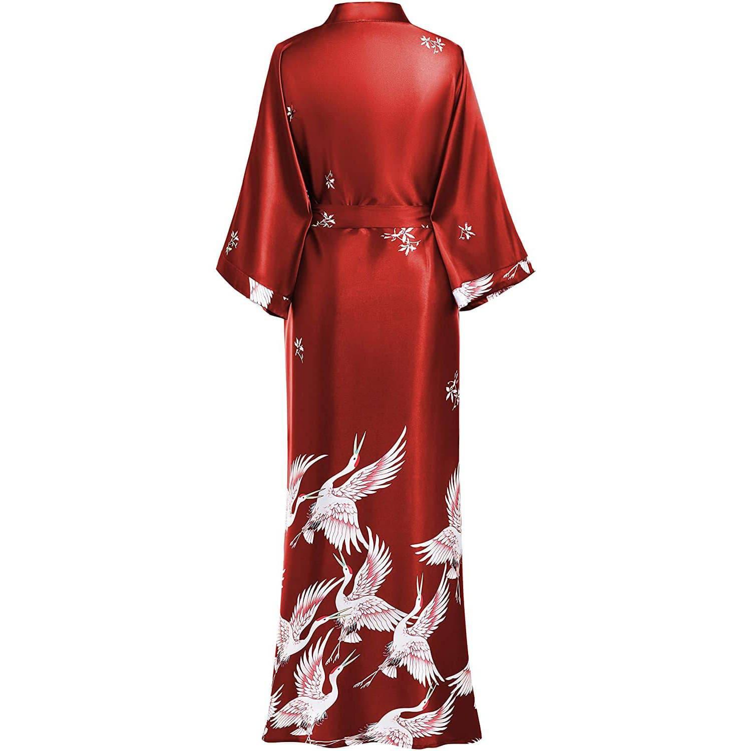 Womens Silk Kimono Crane Print Long Silk Robe Kimono Silk Red One size fits most