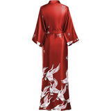 Womens Silk Kimono Crane Print Long Silk Robe Kimono Silk Red One size fits most