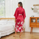 Womens Silk Kimono Crane Print Long Silk Robe Kimono Silk Red One size fits most
