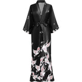 Womens Silk Kimono Crane Print Long Silk Robe Kimono Silk Black One size fits most