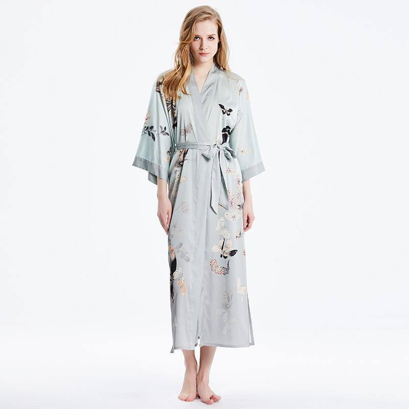 Womens Silk Kimono Butterfly Print Kimono Silk Wide Sleeves Silk Robe Gray One size fits most