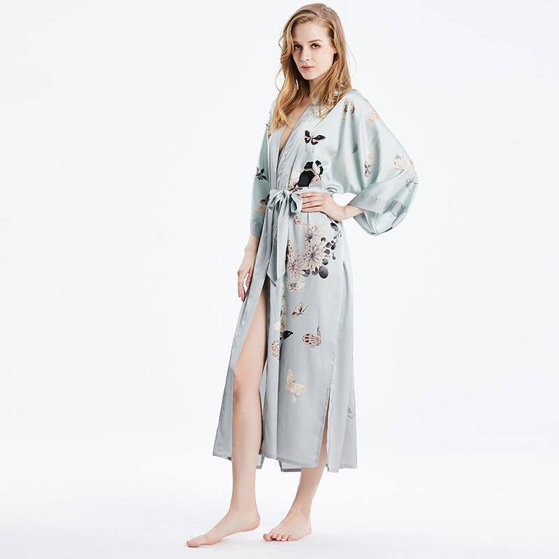 Womens Silk Kimono Butterfly Print Kimono Silk Wide Sleeves Silk Robe Gray One size fits most
