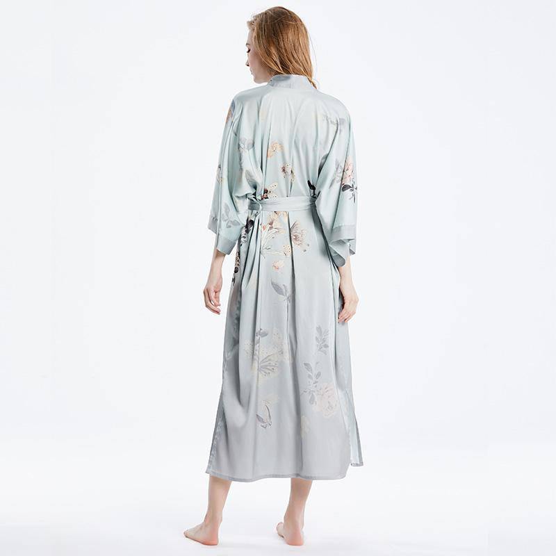 Womens Silk Kimono Butterfly Print Kimono Silk Wide Sleeves Silk Robe Gray One size fits most