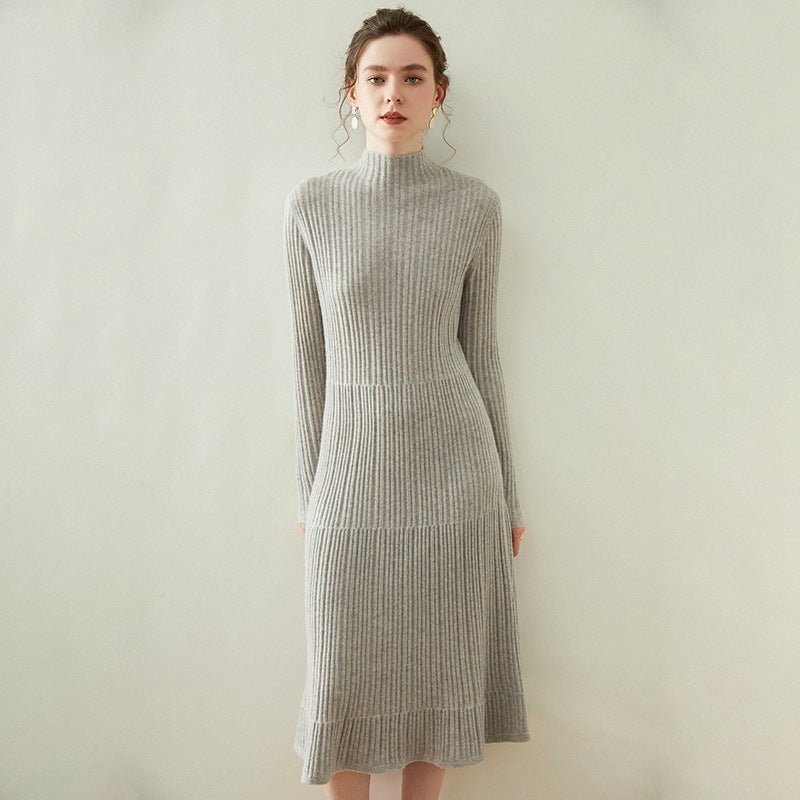 Womens Mock Neck Long Sleeve Ribbed Knit Cashmere Midi Dress Gray XS
