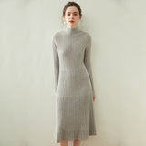 Womens Mock Neck Long Sleeve Ribbed Knit Cashmere Midi Dress Gray XS