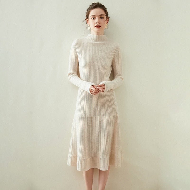Womens Mock Neck Long Sleeve Ribbed Knit Cashmere Midi Dress Beige XS