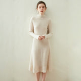 Womens Mock Neck Long Sleeve Ribbed Knit Cashmere Midi Dress Beige XS