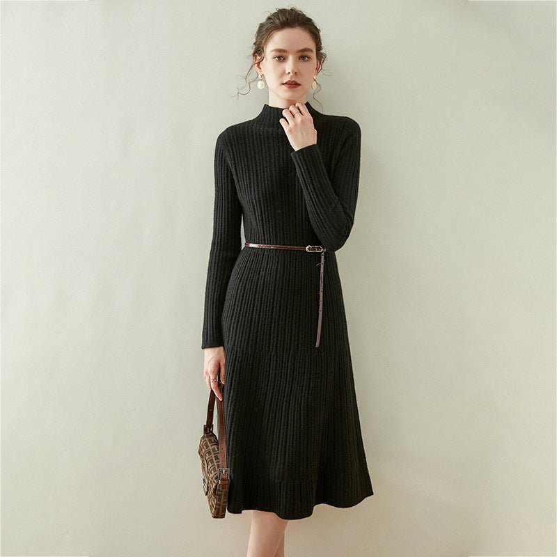 Womens Mock Neck Long Sleeve Ribbed Knit Cashmere Midi Dress Black XS