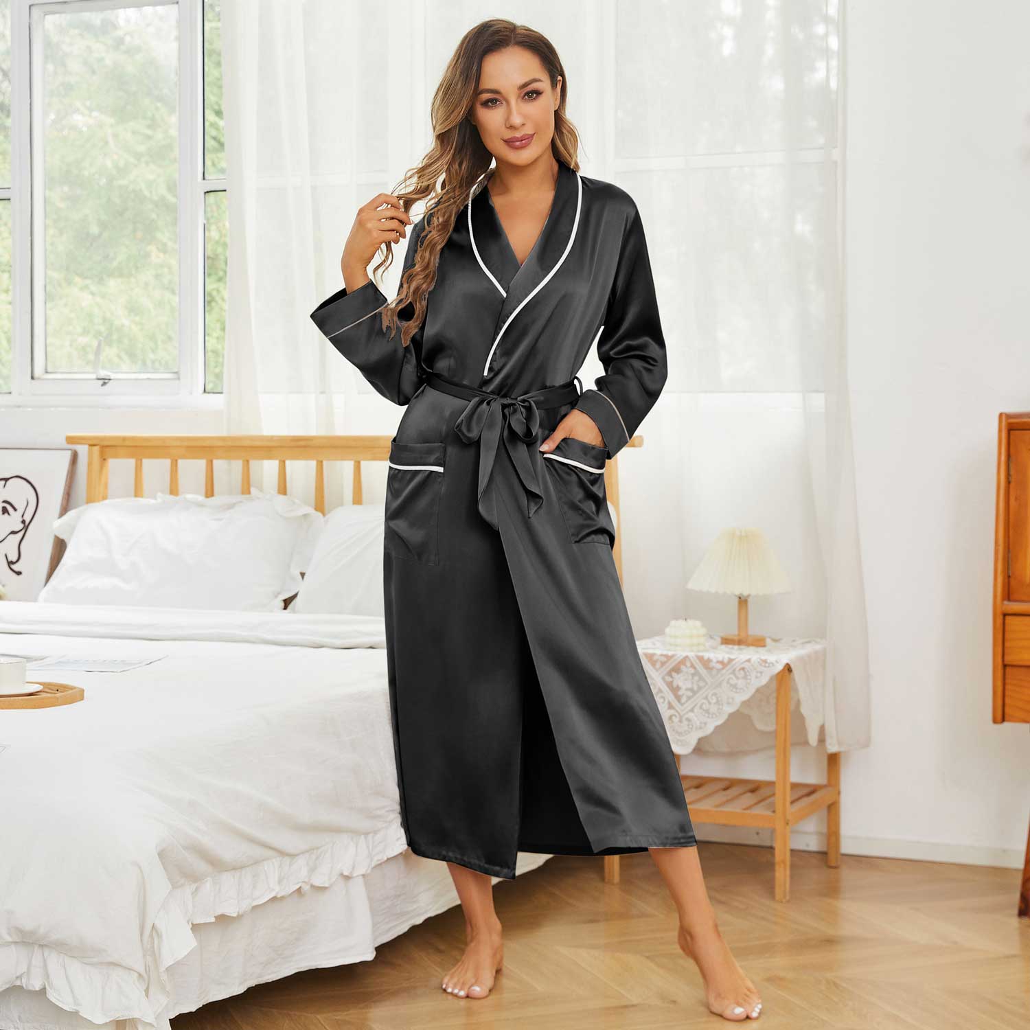 Womens Long Silk Robes 100% Pure Silk Bathrobe Silk Gown Black XS