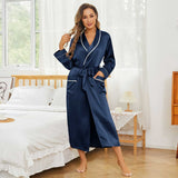 Womens Long Silk Robes 100% Pure Silk Bathrobe Silk Gown Navy Blue XS