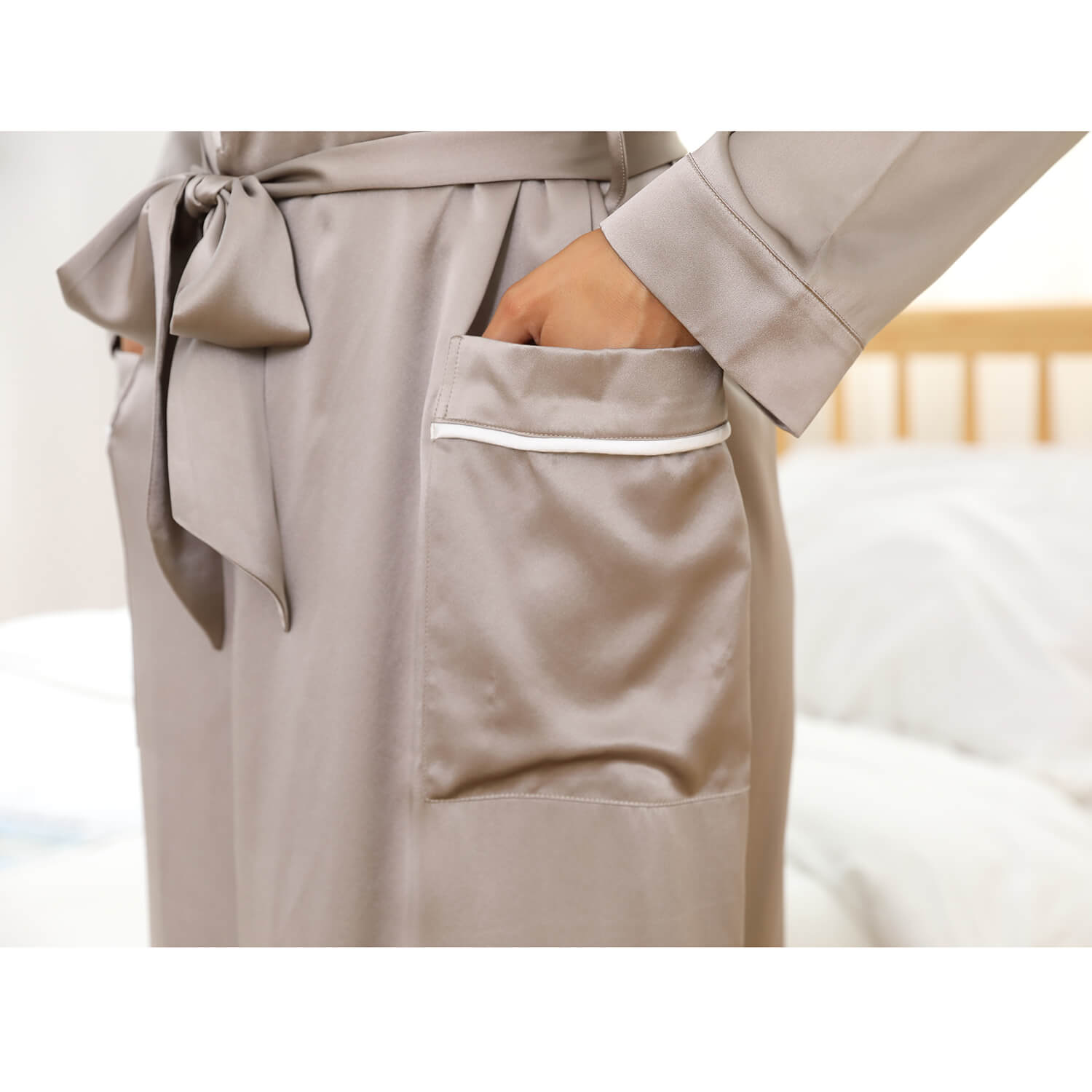 Womens Long Silk Robes 100% Pure Silk Bathrobe Silk Gown Silver Gray XS