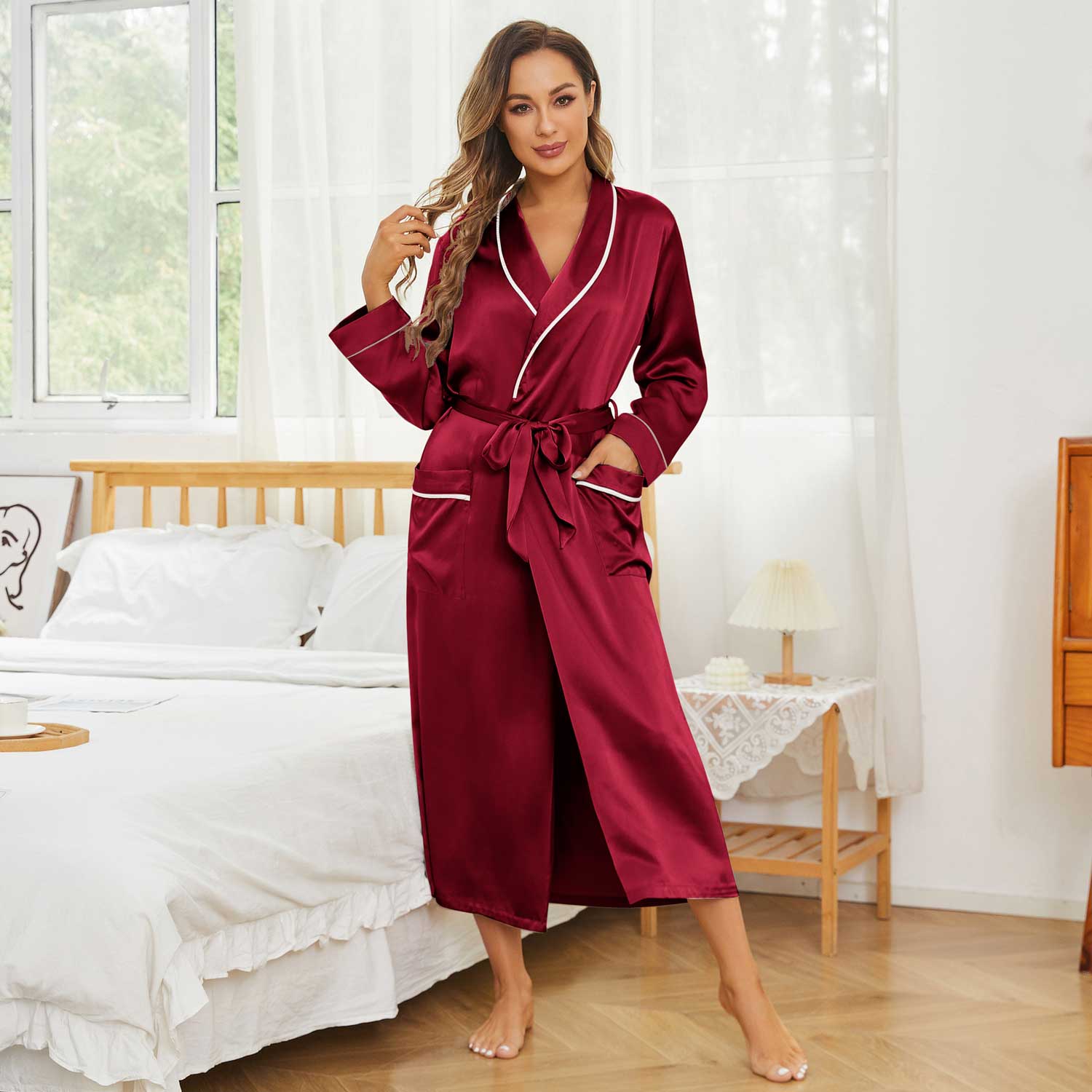 Womens Long Silk Robes 100% Pure Silk Bathrobe Silk Gown Claret XS