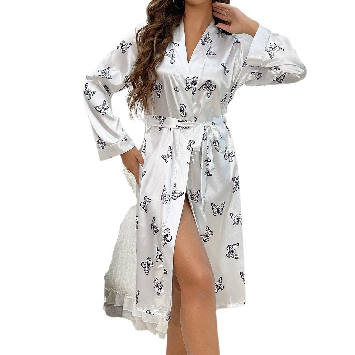 Womens Long Butterfly Print Silk Robes 100% Silk Bathrobe White XS
