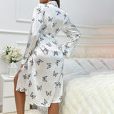 Womens Long Butterfly Print Silk Robes 100% Silk Bathrobe White XS