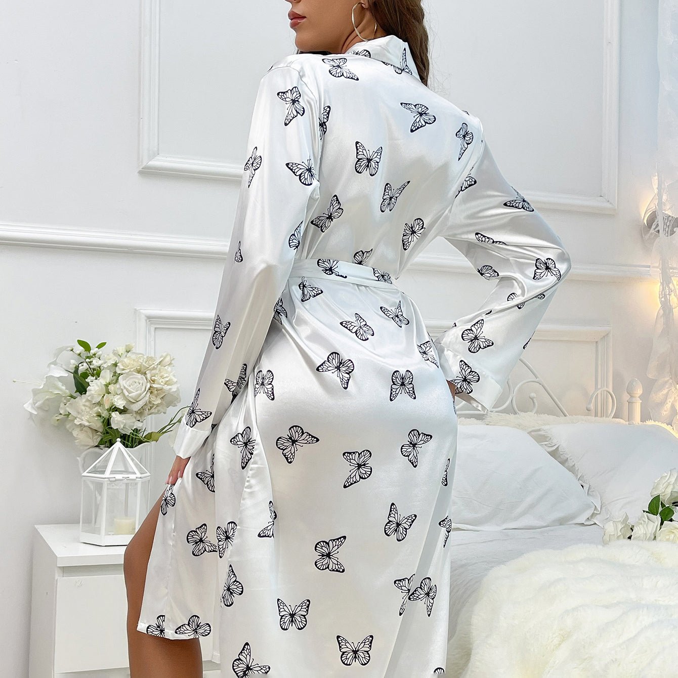 Womens Long Butterfly Print Silk Robes 100% Silk Bathrobe White XS